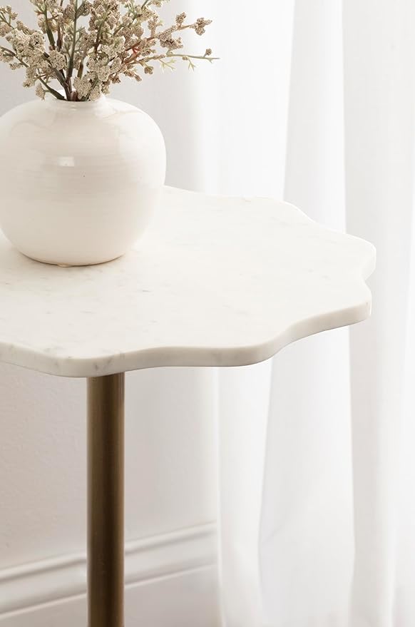 Kate and Laurel Sanzo Modern Round Side Table, 14 x 14 x 24, White Marble and Antique Brass, Decorative Circle End Table with Scalloped Marble Tabletop for Indoor Plant Stand or Bedroom Nightstand