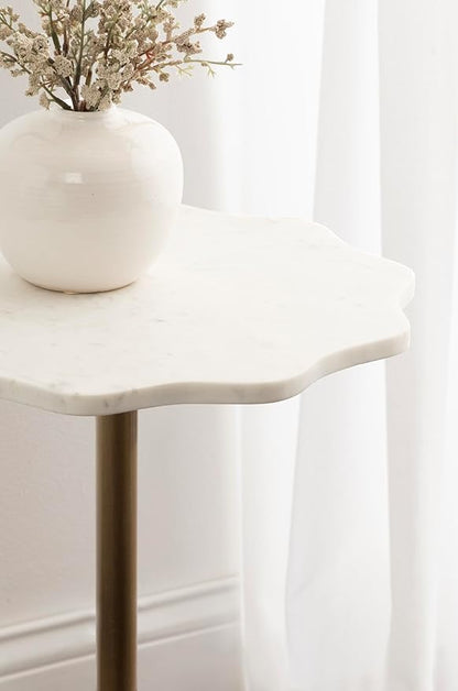 Kate and Laurel Sanzo Modern Round Side Table, 14 x 14 x 24, White Marble and Antique Brass, Decorative Circle End Table with Scalloped Marble Tabletop for Indoor Plant Stand or Bedroom Nightstand