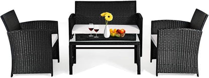 COSTWAY 4 Pieces Patio Rattan Furniture Set, Outdoor Wicker Conversation Set with Soft Cushions & Tempered Glass Coffee Table, Cushioned Chair Sofa for Backyard, Porch, Poolside, Lawn, Garden, White