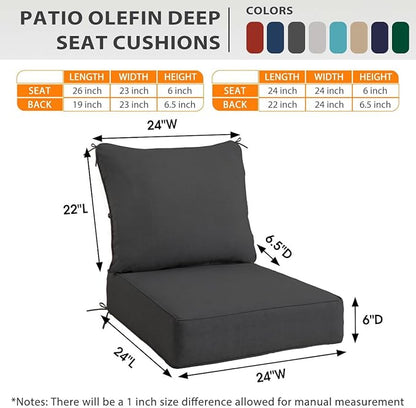 Sundale Outdoor Olefin Deep Seat Cushion, Patio Chair Cushion and Pillow, Water-Resistant Sectional Sofa Pad with Straps Dark Gray, 24 x 24 x 6 Inches