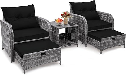 5 Pieces PE Wicker Outdoor Chairs with Ottoman, 5 PCS Rattan Patio Furniture Chairs with Pull Out Ottoman & Side Table for Porch Balcony Sunroom, Black