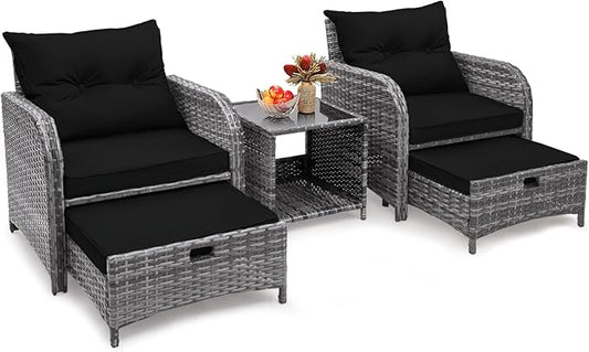 5 Pieces PE Wicker Outdoor Chairs with Ottoman, 5 PCS Rattan Patio Furniture Chairs with Pull Out Ottoman & Side Table for Porch Balcony Sunroom, Black