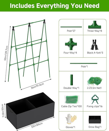 Cucumber Trellis with for Climbing Plants, A-Shape Garden Trellis with Grow Bags, Metal Plant Trellis with Garden Netting for Vegetables Flowers Fruits (A-Shape)