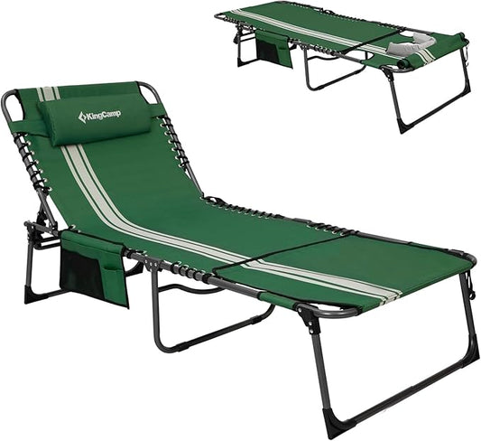 KingCamp Tanning Chair with Face Hole, Lounge Chairs Outdoor Folding Portable Comfy Adjustable 5-Position Lay Flat Foldable Chaise Chaser Lounger for Outside Beach Patio Sun Bathing Pool, Green/White