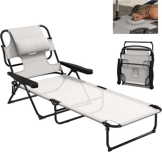 Sun Tanning Chair with Face Hole, Heavy Duty Adjustable 5-Position Folding Laying Out Chairs for Tanning, Beach Lounge Chairs for Adults for Outdoor Sunbathing Patio Pool Lawn (Cream White)