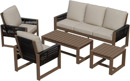 Rustic Hideaway Natural Cedar Wood Outdoor Furniture Set, Wicker Patio Conversation Set for Porch Garden Backyard, Couch, Patio Chairs, Tables, 5 Piece, Brownish/Beige