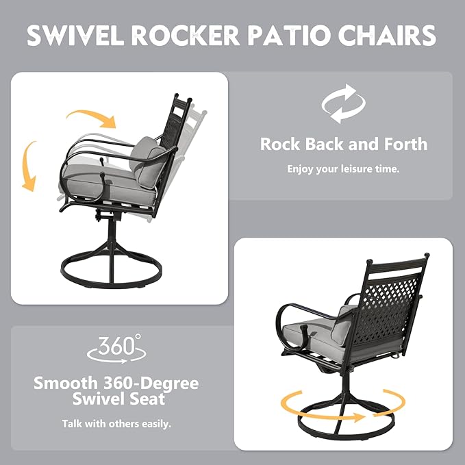 MELLCOM Patio Swivel Chair Set of 4, Heavy Duty Outdoor Dining Chairs with Cushions and Lumbar Pillows, Metal Patio Chairs Gentle Rocker for Outside, Garden Lawn & Porch, Backyard, Grey