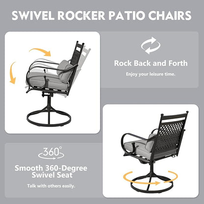 MELLCOM Patio Swivel Chair Set of 6, Heavy Duty Outdoor Dining Chairs with Cushions and Lumber Pillows, Metal Patio Chairs Gentle Rocker for Outside, Garden Lawn & Porch, Backyard, Grey