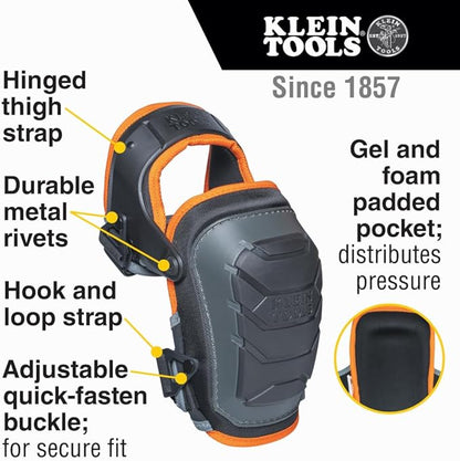 Klein Tools 60491 Hinged Knee Pads, Heavy Duty Gel Foam Protective Knee Pads with Quick-Fasten Buckle and Thigh Strap, Black