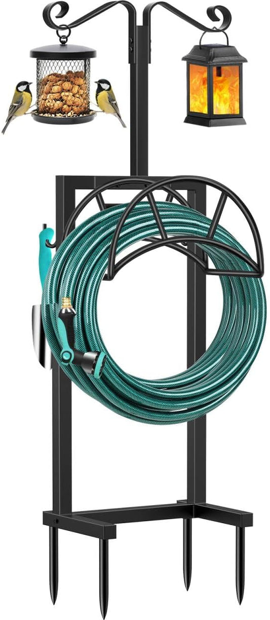 TomCare Garden Hose Holder 4 Spikes Garden Hose Reel Hose Stand Upgraded Water Hose Storage with Tool Hooks Garden Hose Hanger Organizer Holds 160ft Hoses for Outside Yard Lawn, Black