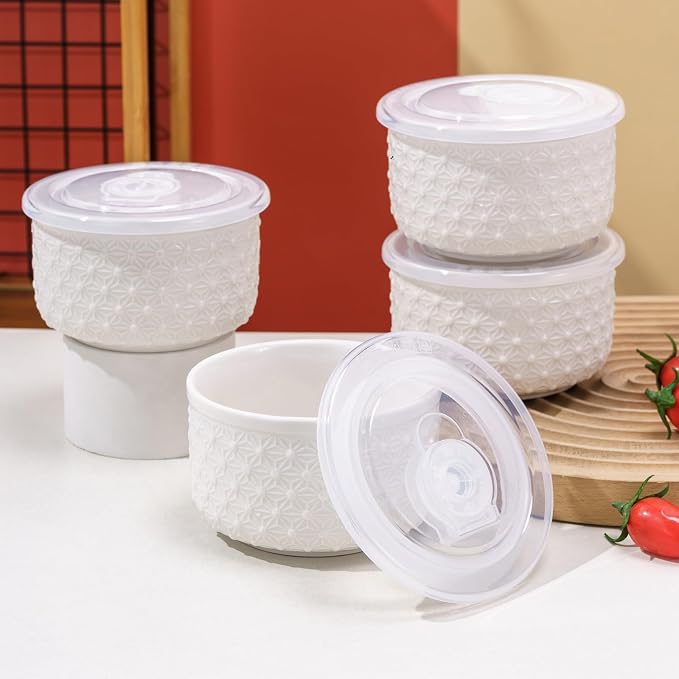 10 oz Set of 4 Oven-Safe Porcelain Ramekins with Lids, Large White Souffle and Creme Brulee Baking Dishes, Ramekin Bowls for Sauce and Dessert