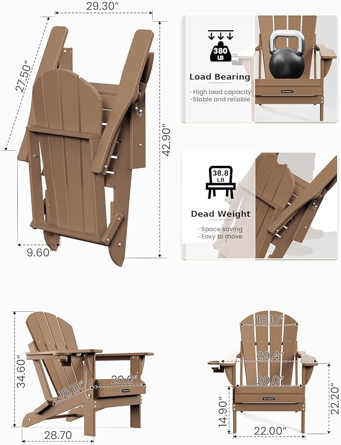 MUCHENGHY Folding Adirondack Chairs, Patio Chairs, Lawn Chairs, Outdoor Chair, Adirondack Chair Plastic, Fire Pit Chairs, Weather Resistant with Cup Holder for Deck, Backyard, Garden(Teak)