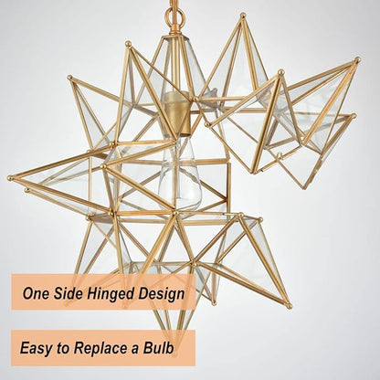 DIRYZON 20 Inch Gold Large Moravian Star Pendant Light Mid Century Clear Glass Hanging Pendant Light for Kitchen Bedroom Porch