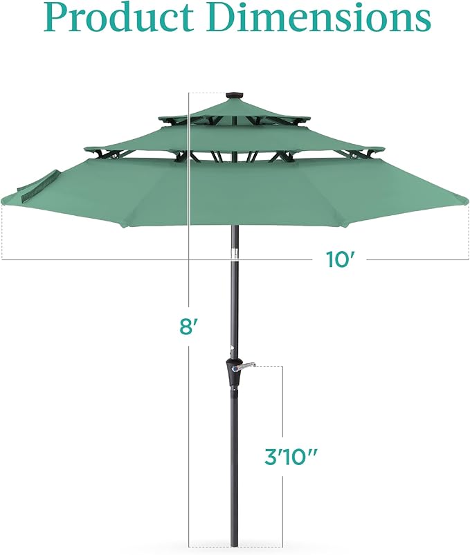 Best Choice Products 10ft 3-Tier Solar Patio Umbrella, Outdoor Market Sun Shade for Backyard, Deck, Poolside w/ 24 LED Lights, Tilt Adjustment, Easy Crank, 8 Ribs - Seaglass