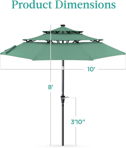 Best Choice Products 10ft 3-Tier Solar Patio Umbrella, Outdoor Market Sun Shade for Backyard, Deck, Poolside w/ 24 LED Lights, Tilt Adjustment, Easy Crank, 8 Ribs - Seaglass