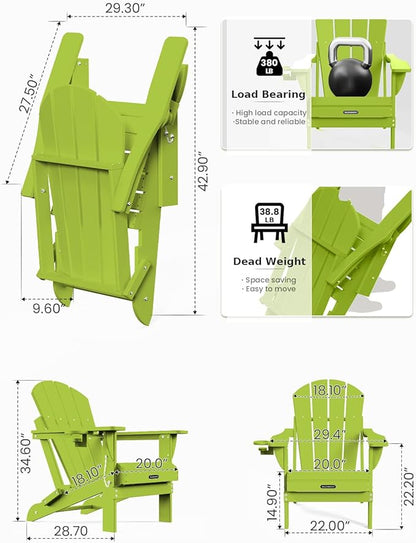MUCHENGHY Folding Adirondack Chairs Set of 2, Patio Chairs, Lawn Chairs, Outdoor Chair, Adirondack Chair Plastic, Fire Pit, Weather Resistant with Cup Holder for Deck, Backyard, Garden(Lemon Green)