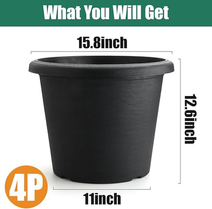 4 Pack 16 Inch Large Planters, Plastic Heavy-Duty Plant Pots with Drainage Holes - Flower Pots for Indoor & Outdoor Plants - 30L Capacity, 16" Dia & 12" Tall, Cement Textured Patio Garden Containers