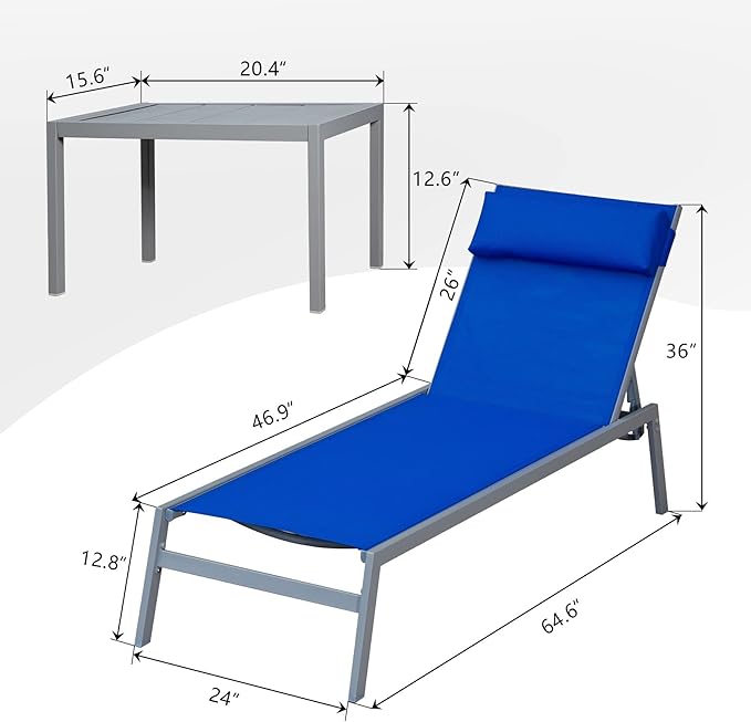 Domi Patio 3 Pieces Textilene Chaise Lounge Set with Side Table Outdoor,Adjustable Back&Pillow for Yard,Garden,Sunbathing,for All Seasons,Blue