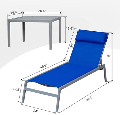 Domi Patio 3 Pieces Textilene Chaise Lounge Set with Side Table Outdoor,Adjustable Back&Pillow for Yard,Garden,Sunbathing,for All Seasons,Blue