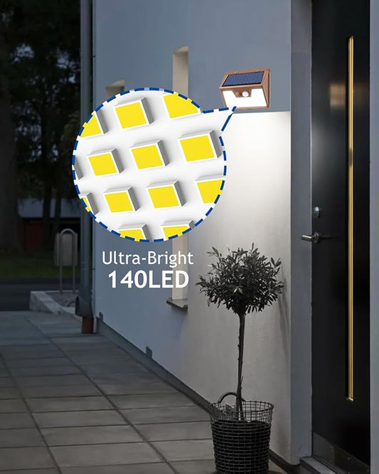 Peasur Brown Solar Lights Outdoor Motion Sensor 16 Pack, Ultra-Bright 3 Mode 140LED Fence Security Light Waterproof, Solar Wall Lighting for Patio Yard Step House Outside Cool White