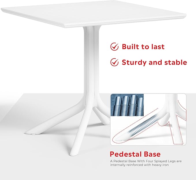 Costaelm 5 Piece Patio Furniture Set, HDPE Patio Square Bistro Table and Stackable Chairs Sets for 4, Outdoor Furniture All Weather for Backyard Poolside, White