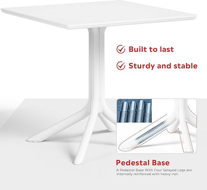Costaelm 5 Piece Patio Furniture Set, HDPE Patio Square Bistro Table and Stackable Chairs Sets for 4, Outdoor Furniture All Weather for Backyard Poolside, White