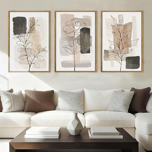 Anyzal Large Framed Neutral Floral Wall Art 16x24 Inch Tan Modern botanical Canvas Wall Decor Minimalist Black Flower Prints for Living room Bedroom Dining room Set of 3