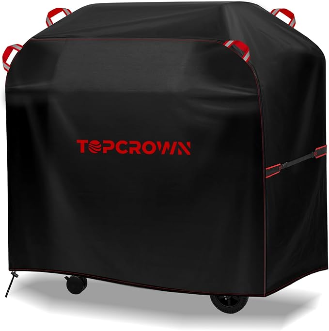 TOPCROWN Grill Cover for Outdoor Grill, BBQ Gas Grill Waterproof Anti-UV Oxford Fabric Windproof Design with Adjustable Straps, Fits Weber/Char-Broil/Nexgrill and More (420D Black+Red, 53" - 58")