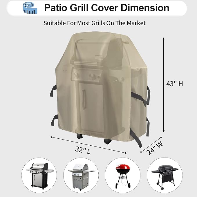 OutdoorLines Waterproof Heavy Duty BBQ Grill Cover - Universal Barbecue Grill Covers UV Resistant Barbeque Gas Grill Cover for Outdoor Outside Grill, 32L x 24W x 43H Inch, Camel