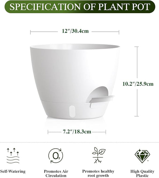 Plant Pots, 1 Pack 12 Inch Self Watering Pots with Drainage Holes, Water Level Indicator Deep Reservoir, Large Planters for Indoor Outdoor Plants - White