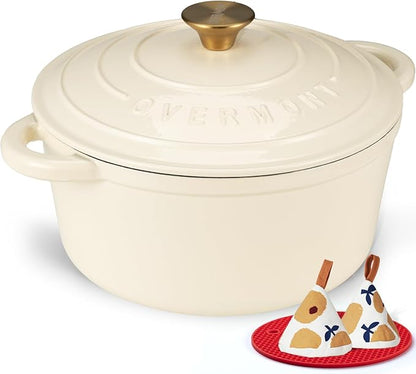 Overmont Enameled Cast Iron Dutch Oven - 4.5QT Pot with Lid Cookbook & Cotton Potholders - Heavy-Duty Cookware for Braising, Stews, Roasting, Sourdough Baking Cream White