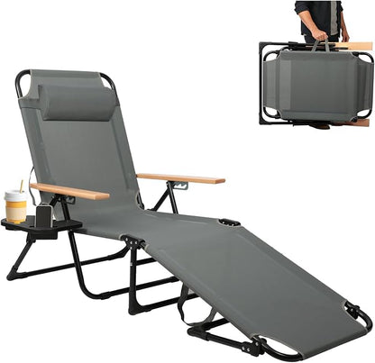 Foldable Chaise Lounge Chair Outdoor, 4-Position Reclining Outdoor Lounge Chairs with Wooden Armrest, Folding Sun Lounger with Removable Pillow for Garden Beach Patio Camp (Gray)