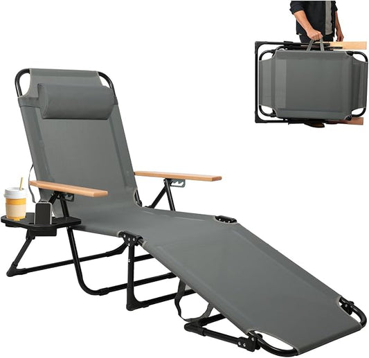 Foldable Chaise Lounge Chair Outdoor, 4-Position Reclining Outdoor Lounge Chairs with Wooden Armrest, Folding Sun Lounger with Removable Pillow for Garden Beach Patio Camp (Gray)