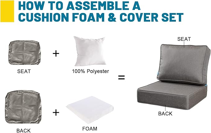 ARTPLAN Olefin 24x24 Deep Seat Patio Cushions for Outdoor Furniture,Extra 6 inch Thick,Back 18"x24",Removable,Replacement,Solid/Floral,Outdoor/Indoor,Grey