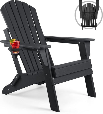 FUNBERRY Folding Adirondack Chair, All Weather HDPE Fire Pit Chairs with Cup Holder for Outdoor