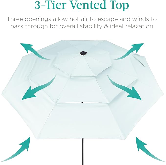 Best Choice Products 10ft 3-Tier Solar Patio Umbrella, Outdoor Market Sun Shade for Backyard, Deck, Poolside w/ 24 LED Lights, Tilt Adjustment, Easy Crank, 8 Ribs - Baby Blue