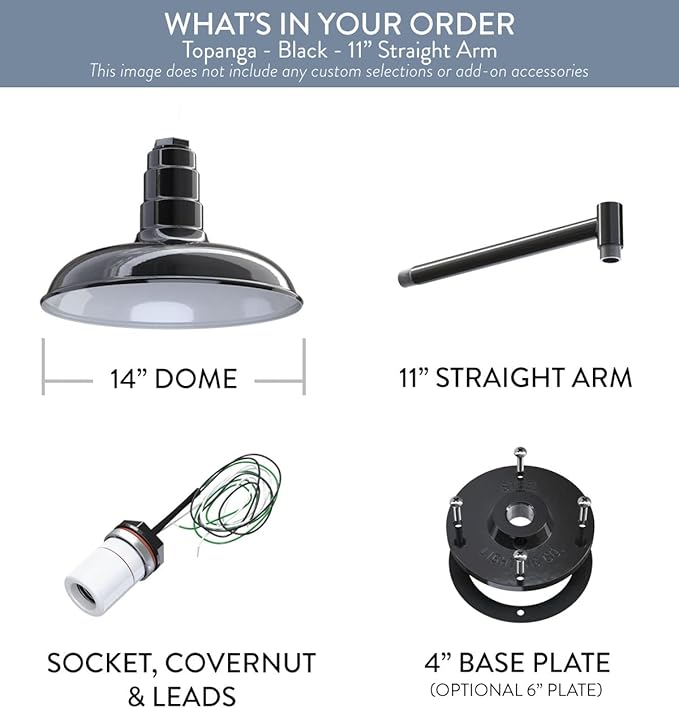 Steel Lighting Co. Topanga Barn Light | Outdoor Wall Mounted | Farmhouse Garage Light Made in America | 14 inch Dome | 11 inch Straight Arm | Black Exterior/White Interior