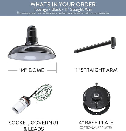 Steel Lighting Co. Topanga Barn Light | Outdoor Wall Mounted | Farmhouse Garage Light Made in America | 14 inch Dome | 11 inch Straight Arm | Black Exterior/White Interior