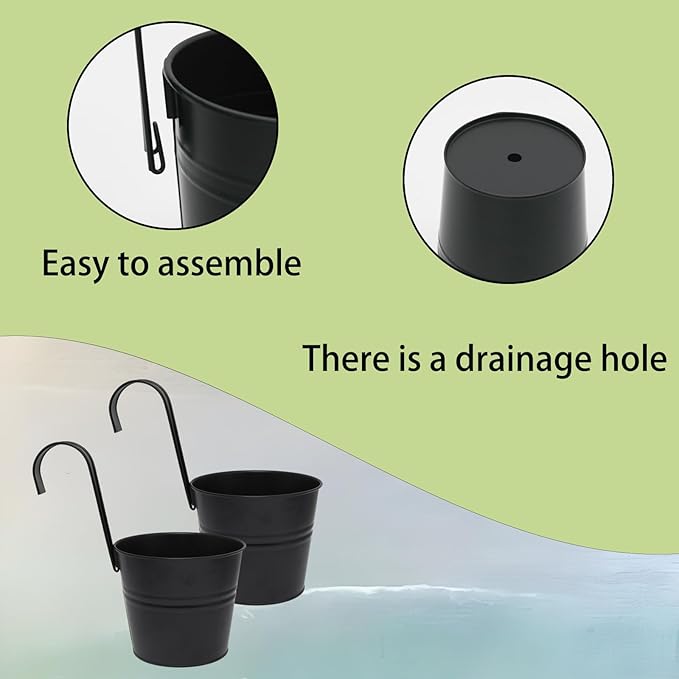 6 Pcs Hanging Flower Pots with Detachable Hooks,Metal Iron Bucket Planter for Railing,Fence,Balcony Garden Decor,6INCH,Black