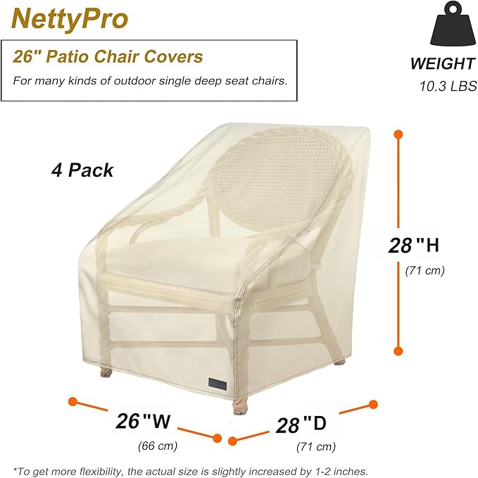 NettyPro Waterproof Patio Chair Covers 4 Pack, 600D Heavy Duty Outdoor Seat Cover, 26W x 28W x 28H inch, Beige