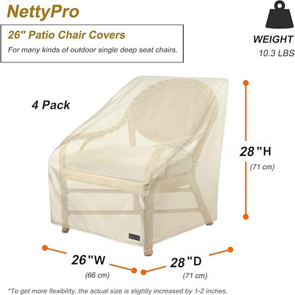 NettyPro Waterproof Patio Chair Covers 4 Pack, 600D Heavy Duty Outdoor Seat Cover, 26W x 28W x 28H inch, Beige