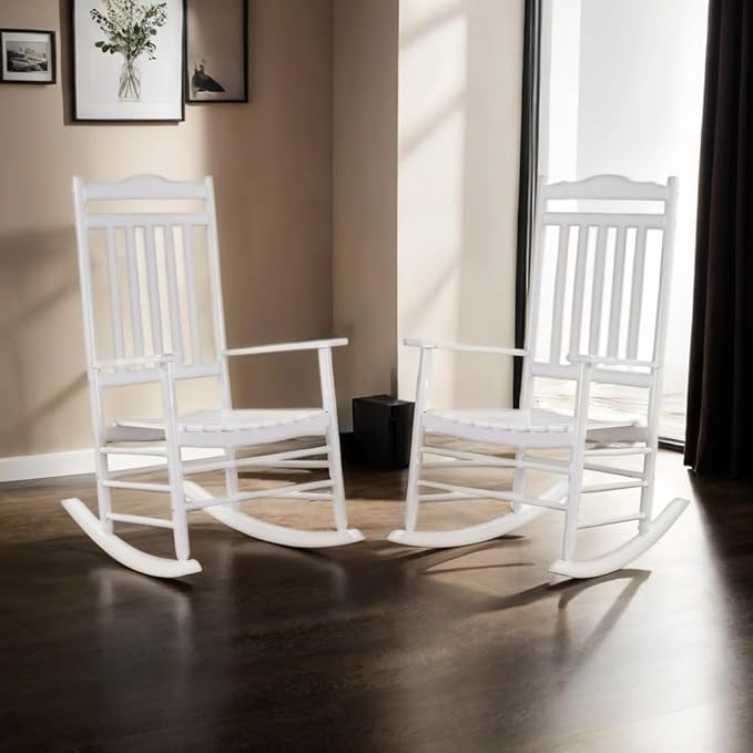 Outdoor Patio Wooden Rocking Chairs Set 2 Piece, Furniture Comfy Rockers for Adults Porch Lawn Room Outside Indoor, White