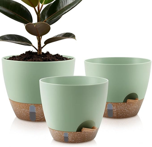 QRRICA 12/10/9 Inch Self-Watering Plant Pots with Water Level Indicator, Drainage Holes & Saucers – Large Plastic Planter Set for Indoor & Outdoor Plants (Green)