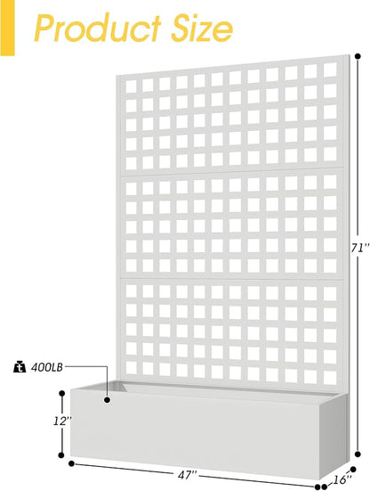 Metal Planter Box with Trellis, 71"x 47"x 16" Raised Garden Bed with Trellis, Planter Box Trellis with Privacy Screen and Drainage Holes, White