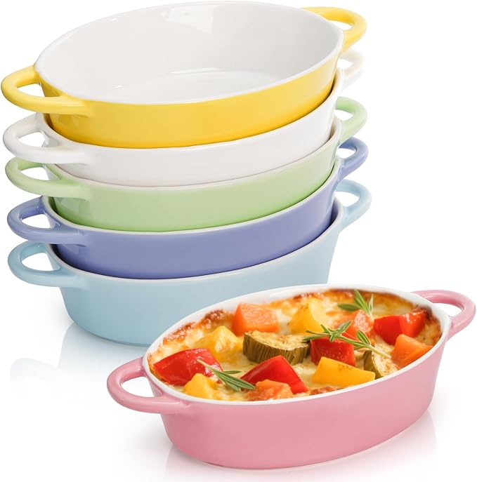 Foraineam 6 Pack 20 oz Oval Au Gratin Baking Dishes with Handles, Porcelain Casserole Dish Single Serving Ramekins for Oven & Microwave Cooking and Baking, 7.2" x 5.5", Oven Safe Roasting Lasagna Pan
