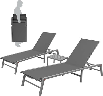 Kozyard 3 Packs Lounge Chair Outdoor Set, Foldable Outdoor Lounge Chair with 5 Adjustable Backrest Patio Lounger, Recliner and Full Flat Chairs for Patio, Beach, Pool (2 Gray Textilence W/Table)