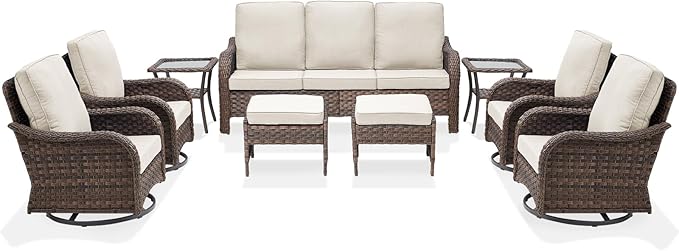 Patio Wicker Chairs Swivel Rocker Outdoor Rocking Chairs Set of 9 Rattan Furniture Set with Thick Cushion, Sofa, Side Table, Ottomans for Balcony Deck Backyard, Beige