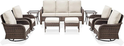 Patio Wicker Chairs Swivel Rocker Outdoor Rocking Chairs Set of 9 Rattan Furniture Set with Thick Cushion, Sofa, Side Table, Ottomans for Balcony Deck Backyard, Beige