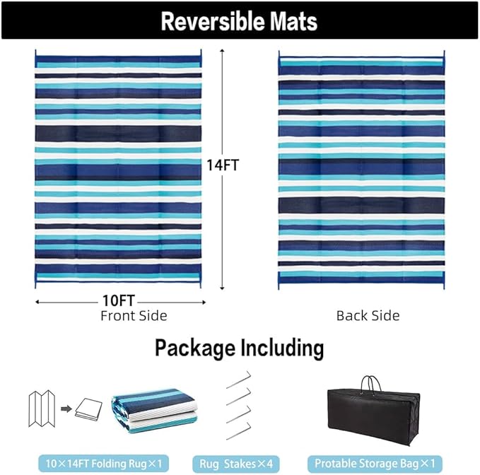 HUGEAR Outdoor Waterproof Rug 10'x14' Plastic Straw Rugs Washable Reversible Floor Mat Blue Stripe Carpet for Camping RV Deck Entryance Porch Picnic Balcony Beach Backyard