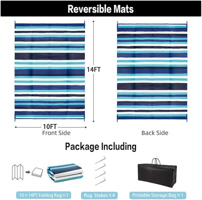 HUGEAR Outdoor Waterproof Rug 10'x14' Plastic Straw Rugs Washable Reversible Floor Mat Blue Stripe Carpet for Camping RV Deck Entryance Porch Picnic Balcony Beach Backyard